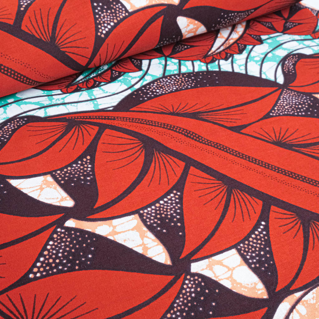 Mint Green Wax Fabric with Red Pattern - Maison Klem